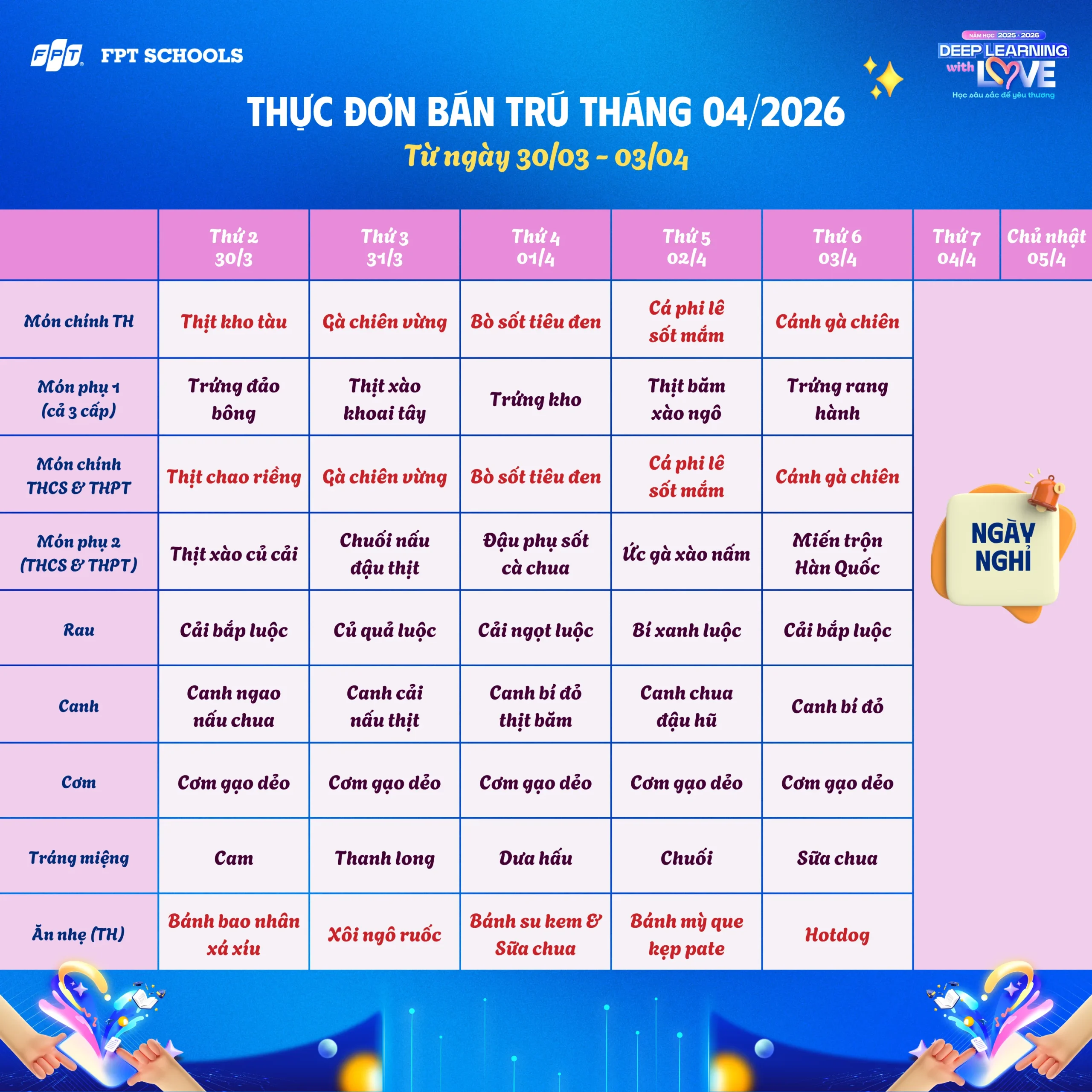 Thực đơn bán trú tháng 04/2026 tại FPT School Hà Nam - FPT Education Thực đơn bán trú tháng 04/2026 tại FPT School Hà Nam | FPT Schools