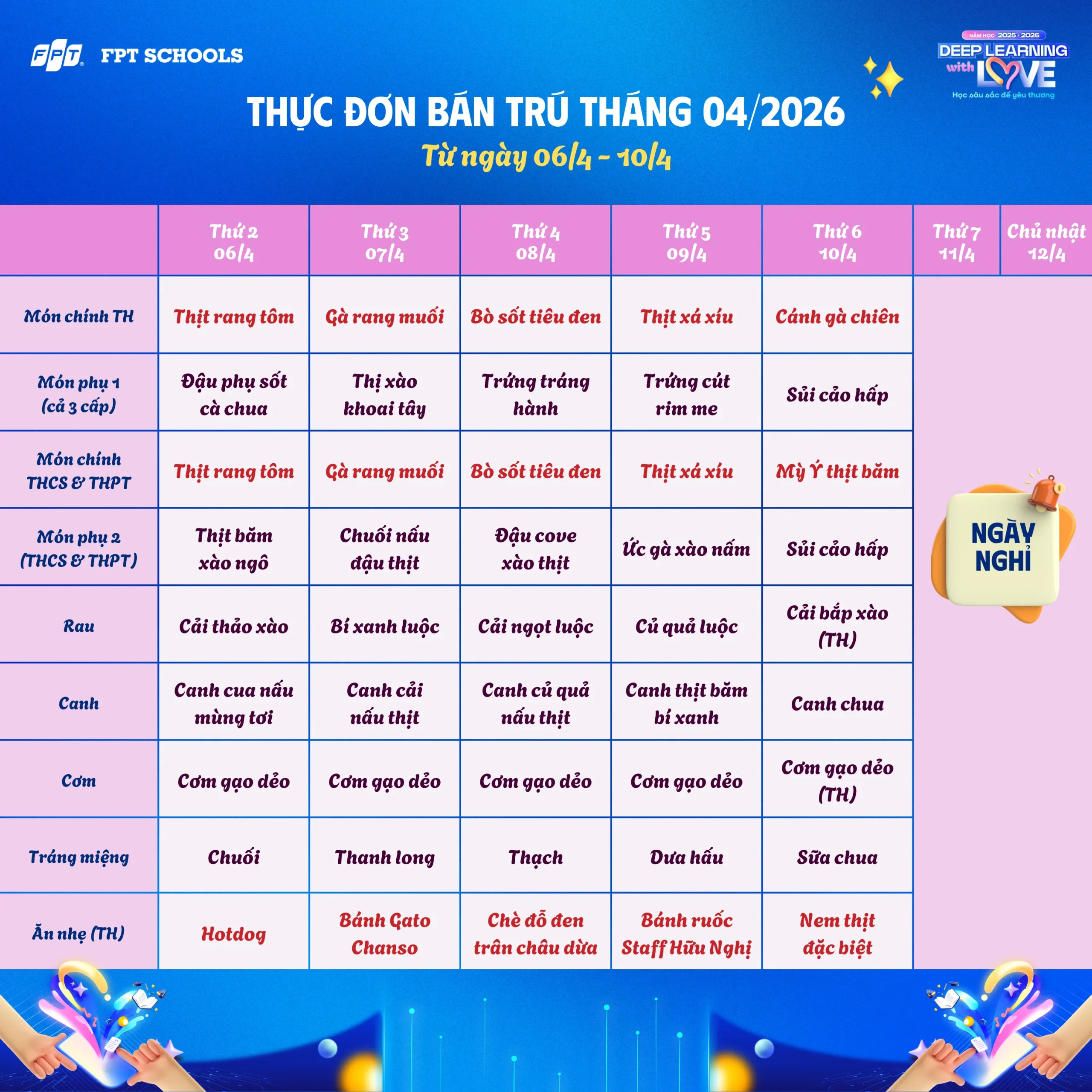 Thực đơn bán trú tháng 04/2026 tại FPT School Hà Nam - FPT Education Thực đơn bán trú tháng 04/2026 tại FPT School Hà Nam | FPT Schools