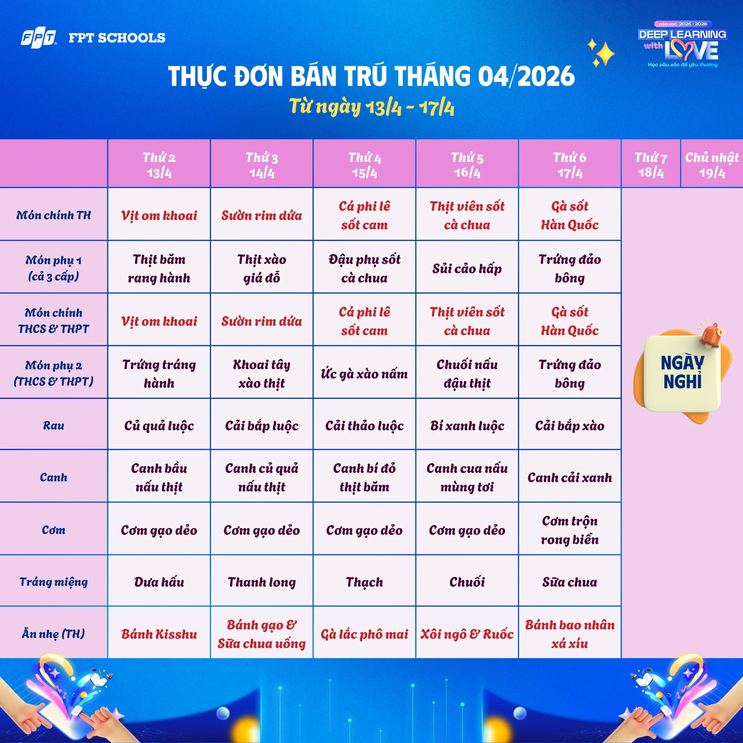 Thực đơn bán trú tháng 04/2026 tại FPT School Hà Nam - FPT Education Thực đơn bán trú tháng 04/2026 tại FPT School Hà Nam | FPT Schools