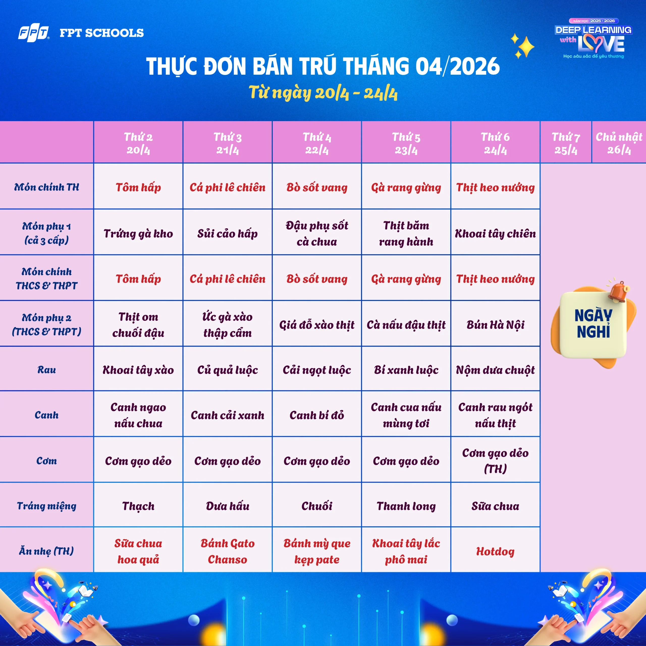 Thực đơn bán trú tháng 04/2026 tại FPT School Hà Nam - FPT Education Thực đơn bán trú tháng 04/2026 tại FPT School Hà Nam | FPT Schools