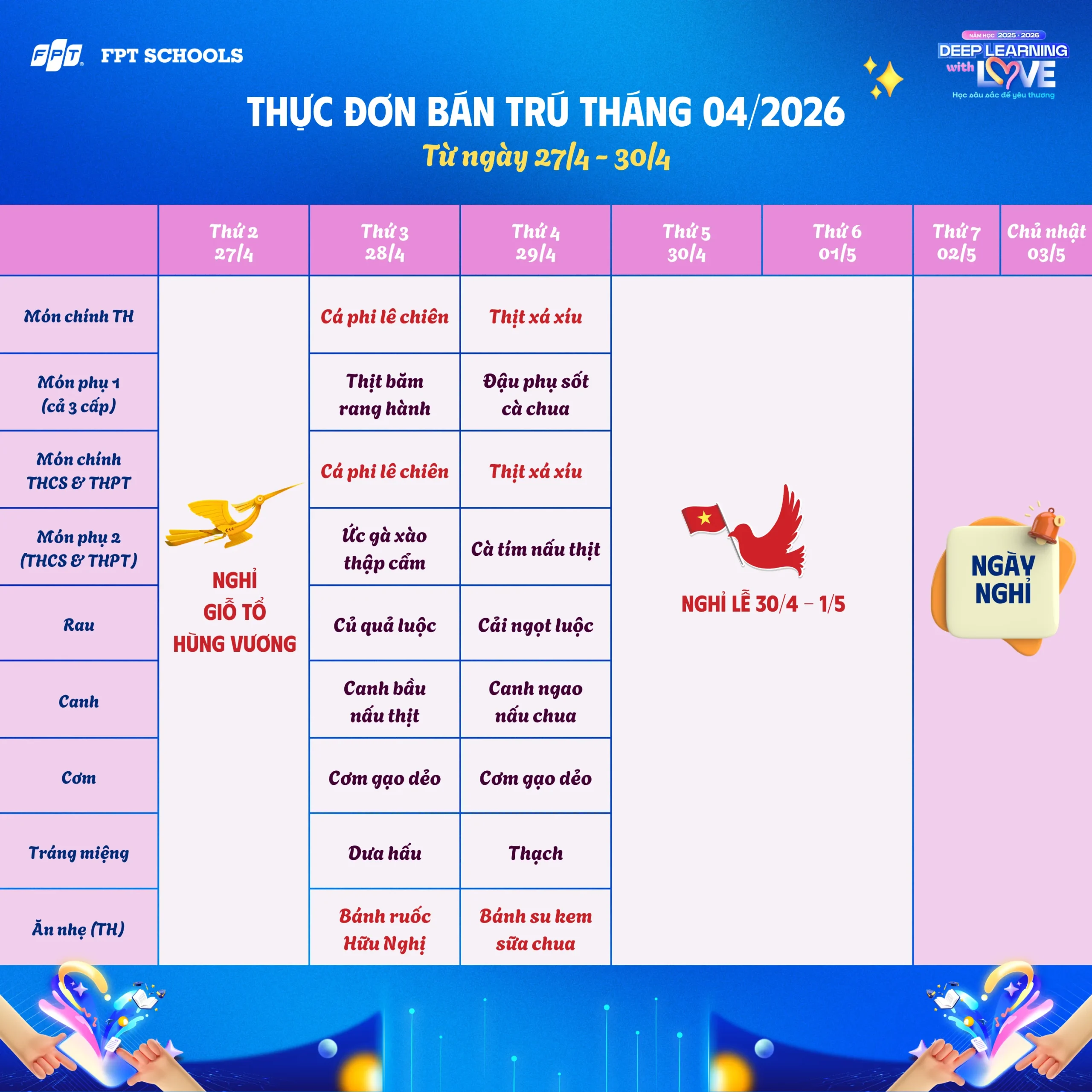 Thực đơn bán trú tháng 04/2026 tại FPT School Hà Nam - FPT Education Thực đơn bán trú tháng 04/2026 tại FPT School Hà Nam | FPT Schools