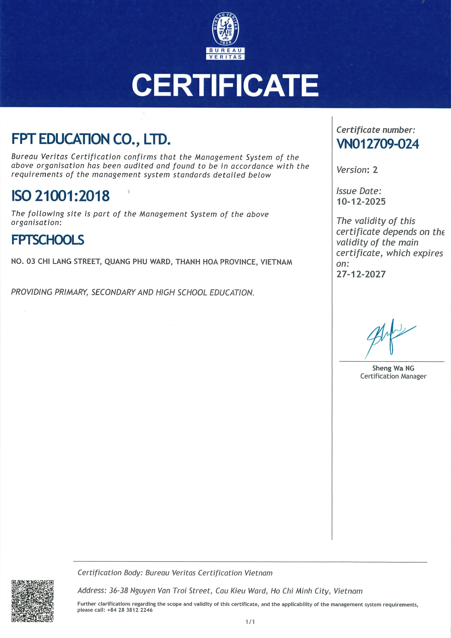 FPT School Thanh Hóa đạt chứng chỉ ISO 21001:2018